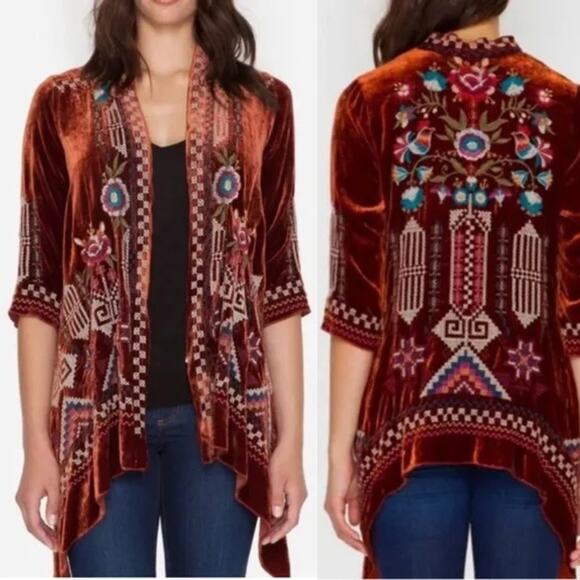 Johnny Was Sweaters - Johnny Was Velvet Embroidered Open Cardigan M Rust